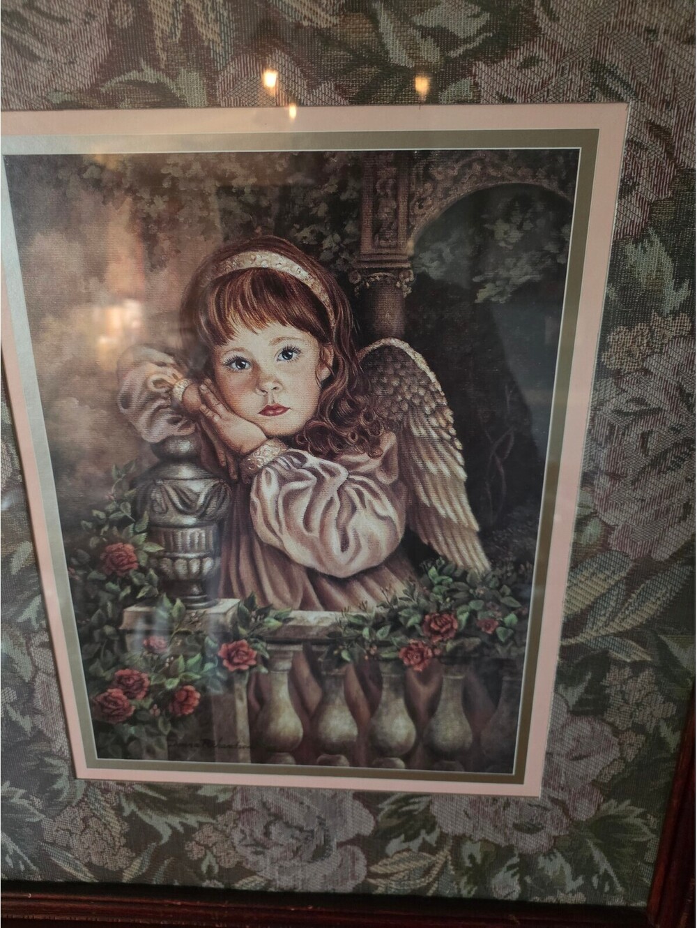 Framed Vintage Angel Girl Artwork with Floral Matting